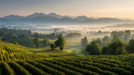 A beautiful mountain landscape with a foggy mist in the air. The mist is covering the hills and the trees, creating a serene and peaceful atmosphereの素材