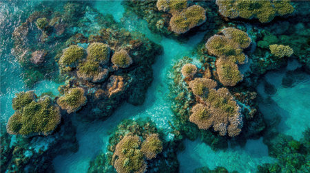 Vibrant coral formations are visible beneath crystal blue waters, revealing complex ecosystems teeming with life near a tropical island during sunny daylight.の素材