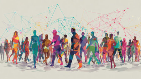 A group of people are walking in a city. The people are of different colors and sizes. The image is a representation of a diverse and bustling cityscapeの素材
