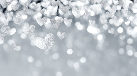 Sparkling hearts in silver hues hang against a blurred background, setting a romantic and festive mood perfect for weddings, anniversaries, and celebrations.の素材