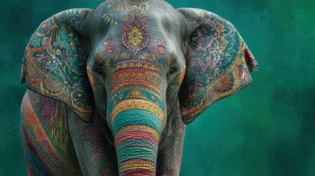 A beautifully adorned elephant showcases intricate patterns and bright colors, symbolizing joy and cultural traditions. This majestic creature stands proudly amid a lush green backdrop.の素材