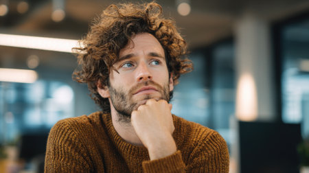 A man with curly hair is sitting at a desk and looking down. He is wearing a brown sweater and has his hands on his knees. Concept of contemplation and introspectionの素材