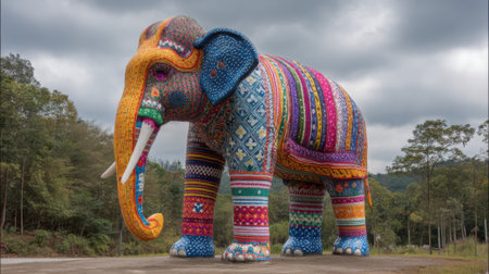 A colorful elephant sculpture stands in a field. The elephant is made of many different colored beads and is very large. The elephant is surrounded by trees and he is a work of artの素材