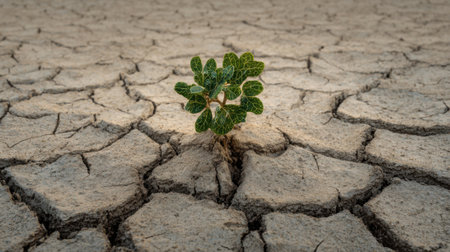 A small green plant pushes through cracked, dry amid soilst a vast arid landscape, showing nature's resilience in challenging conditions during a drought.の素材