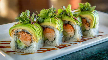 A plate of sushi with avocado and seaweed on top. The sushi is rolled up and looks deliciousの素材
