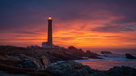 A lighthouse is lit up in the evening sky. The sky is orange and the water is calmの素材