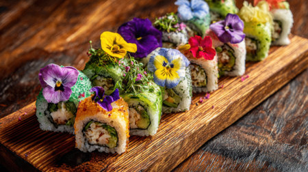A plate of sushi with a variety of colors and flowers on top. The sushi rolls are arranged in a row on a wooden boardの素材