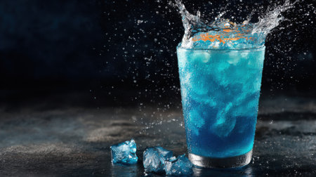 A glass of blue liquid with ice cubes in it. The liquid is a refreshing blue drink, likely a blueberry smoothie or a blueberry-infused cocktail. The ice cubes are also blue, adding a touch of colorの素材