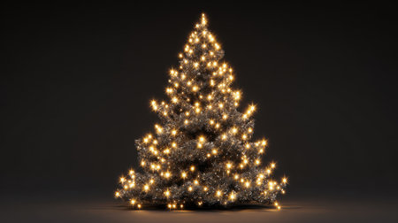 A beautifully lit Christmas tree stands elegantly, illuminated by golden lights against a dark background. The tree is full and bushy, exuding warmth and holiday spirit.の素材