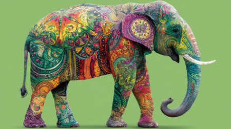 An elephant with elaborate multicolored patterns walks gracefully on a bright green backdrop. The vibrant design highlights the animal's majestic form and artistic embellishment.の素材