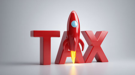 A red rocket is flying over the letters TAX. The rocket is positioned above the letters TAX, with the letters TAX below itの素材