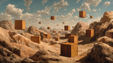 A desert landscape with many wooden boxes scattered around. The boxes are flying in the air, creating a sense of chaos and disarray. The scene evokes a feeling of emptiness and lonelinessの素材
