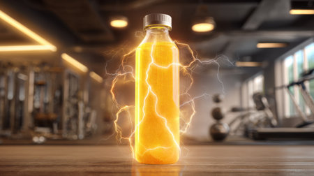 A bottle of juice is lit up with a bright orange glow, giving it a sense of energy and vitalityの素材