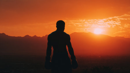 A man stands in the mountains with the sun setting behind him. The sky is orange and the mountains are in the backgroundの素材