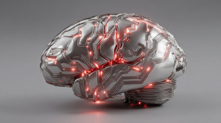 A brain with red glowing wires coming out of it. The brain is made of metal and has a futuristic look to itの素材