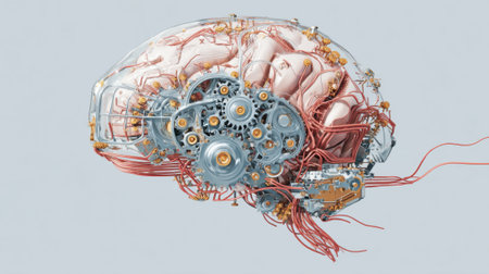 A brain with gears and wires attached to it. The brain is made of metal and wires. The brain is not a real brain, but it looks like oneの素材