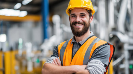 A man in a yellow safety vest is smiling and posing for a picture. He is wearing a hard hat and he is a construction workerの素材