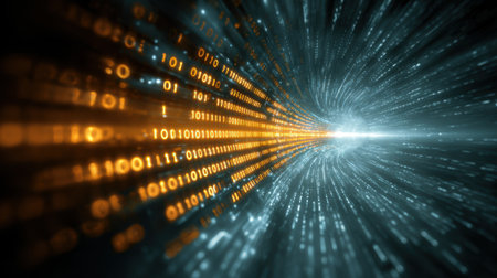 A computer generated image of a tunnel with a bright orange line of numbers. Concept of technology and the idea of a digital worldの素材