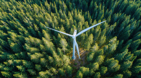 A wind turbine is in the middle of a forest. The wind turbine is tall and has a large blade. The forest is lush and green, with many trees surrounding the wind turbineの素材