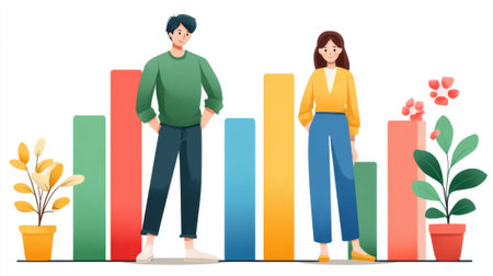 A man and a woman stand next to a series of colored bars. The bars are labeled with numbers and the man and woman are looking at them. Concept of curiosity and interest in the numbers, as if the manの素材