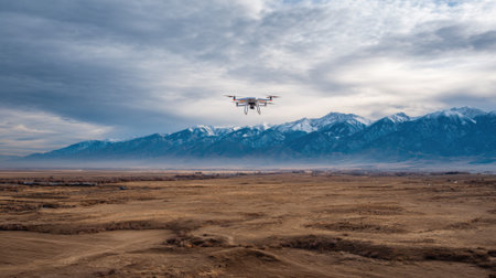 A drone is flying over a desert with mountains in the background. The sky is cloudy and the landscape is dry and barrenの素材