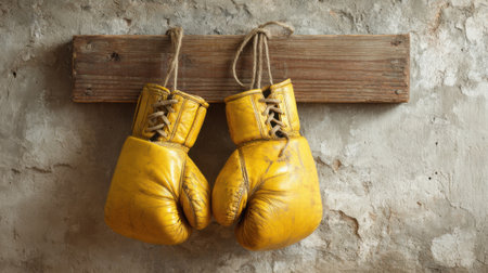 Two yellow boxing gloves hanging on a wall. The gloves are old and worn, and the mood of the image is nostalgicの素材