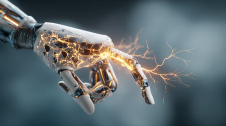 A robot hand with a lightning bolt in it. Concept of power and energyの素材