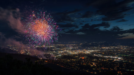 A fireworks display is lit up in the night sky over a city. The fireworks are bright and colorful, creating a festive atmosphere. The city below is illuminated by the lights of the fireworksの素材