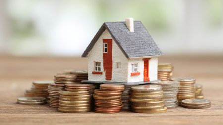 A house is on top of a pile of coins. The coins are of different sizes and colorsの素材