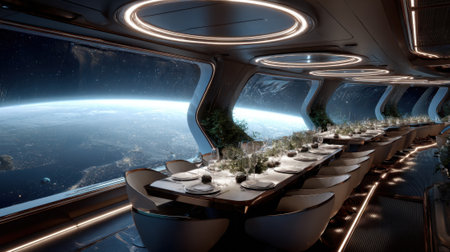 A restaurant with a view of the Earth and the moon. The tables are set with plates, wine glasses, and silverware. The chairs are white and arranged around the tables. The atmosphere is elegantの素材