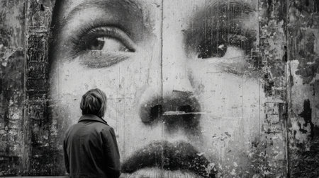 A man stands in front of a large painting of a woman's face. The painting is black and white and he is a portrait of a woman. The man seems to be looking at the painting with interestの素材