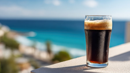 A glass of beer is sitting on a ledge overlooking the ocean. The glass is half full and the beer is brown. The scene is peaceful and relaxing, with the ocean in the backgroundの素材