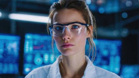 A woman wearing glasses is standing in front of a computer monitor. She is looking at the screen with a serious expression on her face. Concept of focus and determinationの素材