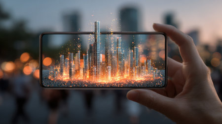 A hand is holding a cell phone that is displaying a cityscape with a fire. Concept of chaos and destruction, as the fire seems to be spreading rapidly throughout the cityの素材