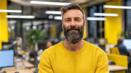 A man with a beard is smiling in front of a yellow wall. He is wearing a yellow sweater and is posing for a pictureの素材