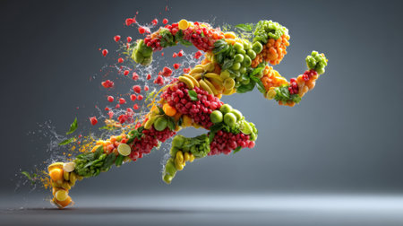 A man is running with fruits and vegetables on his body. The fruits and vegetables are in various stages of ripeness, and the man is in motion. Concept of energy and vitalityの素材