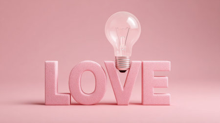A unique light bulb sits atop pink, textured letters spelling the word love, emphasizing a whimsical and romantic feeling. The soft hue adds charm to the setting.の素材