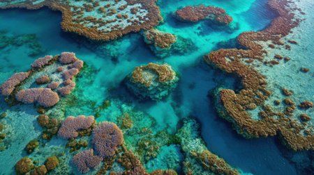 A stunning aerial view reveals intricate coral formations surrounded by crystal clear waters. The vibrant colors and patterns highlight the beauty of marine life and natural habitats.の素材