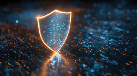 A glowing shield with a blue background. The shield is surrounded by a blue and orange glow. Concept of security and protectionの素材