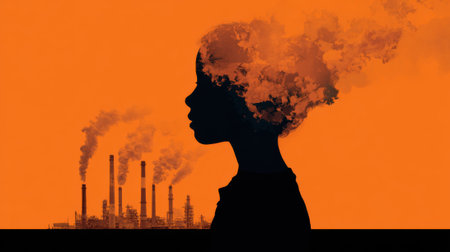 A girl's head is shown with smoke coming out of it. The image is orange and blackの素材