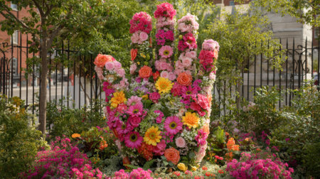 A large sculpture shaped like a hand, created from an array of bright flowers, stands in an urban park, enhancing the area with natural beauty and artistic flair.の素材