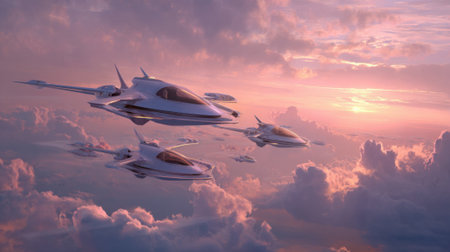 Three futuristic spaceships are soaring through the sky, their sleek designs and advanced technology making them stand out against the backdrop of a stunning sunset. The colors of the sky are warmの素材