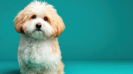 A small dog with white and brown fur is sitting on a green surface. The dog has a cute and innocent expression on its faceの素材
