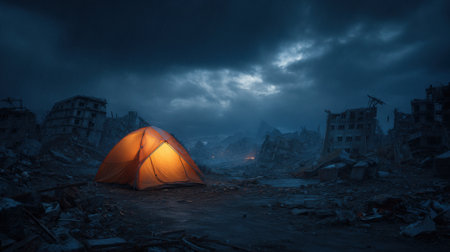 A small orange tent is set up in a desolate, ruined city. The sky is dark and cloudy, and the tent is the only source of light in the scene. Scene is somber and bleakの素材