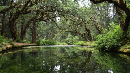 A forest with a stream of water running through it. The water is clear and calm. The trees are tall and green, and there is a lot of moss growing on them. The scene is peaceful and sereneの素材