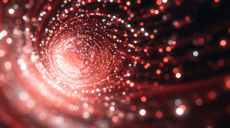 Glowing red particles spiral inward, creating a mesmerizing tunnel effect. The dynamic flow of light gives a sense of depth and energy, showcasing captivating abstract art.の素材