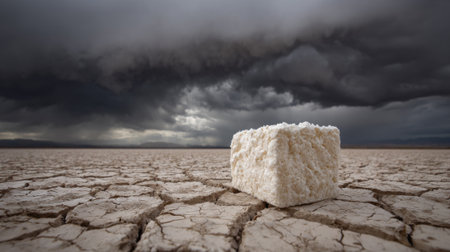A white cube is sitting on a rocky, dry desert landscape. The sky is dark and stormy, with clouds looming overhead. The scene is desolate and barren, with no signs of life or vegetationの素材