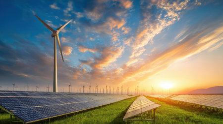 At sunrise, a renewable vast energy farm features wind turbines and solar panels under a vibrant sky. This scene highlights sustainable energy production and nature's beauty.の素材