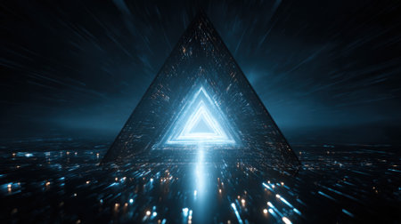 A triangular light structure generates vibrant, glowing beams of blue light in a dark, expansive setting, creating a sense of movement and energy during twilight.の素材