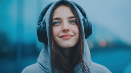 A girl wearing headphones and a hoodie is smiling. Scene is happy and relaxedの素材